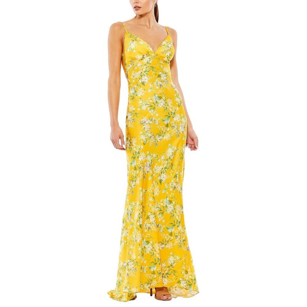 Mac Duggal Womens Floral Print Sleeveless Trumpet Gown